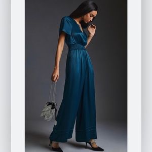 NWT Anthropologie Blue Viscose Somerset Short Sleeve V-Neck Jumpsuit Size XLT